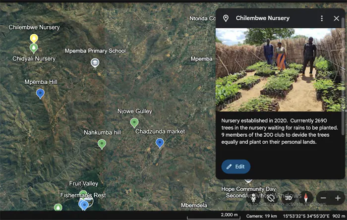 Tree Project project map of areas they have worked in Malawi